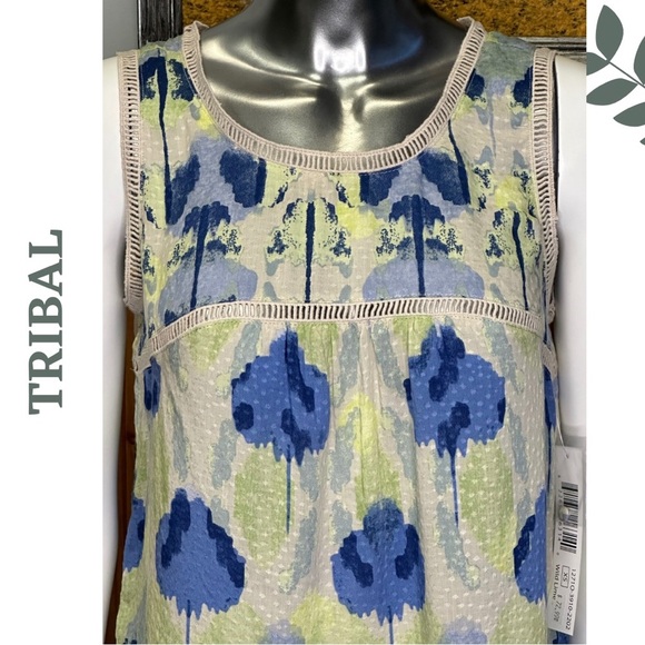 Tribal Blouse Sleeveless Ladder Lace Watercolor Print Blue Green Wild Lime  XS - Picture 7 of 9